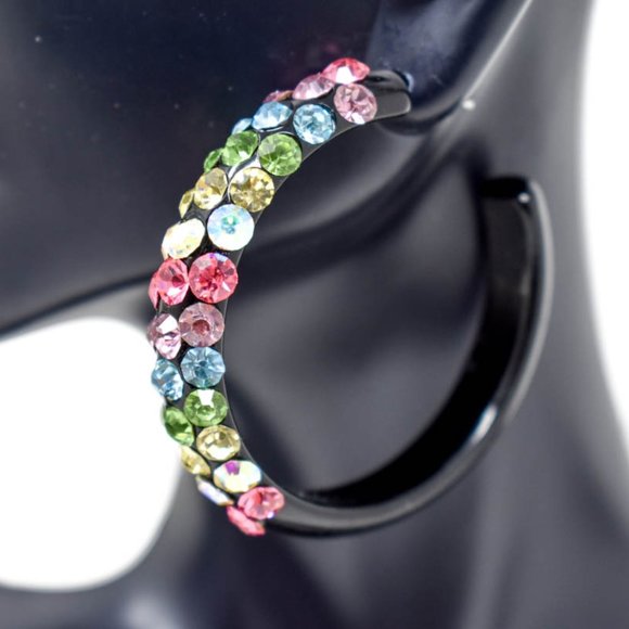 2" Diagonal Multicolor Rhinestones Black Hoops (B) - Picture 13 of 13
